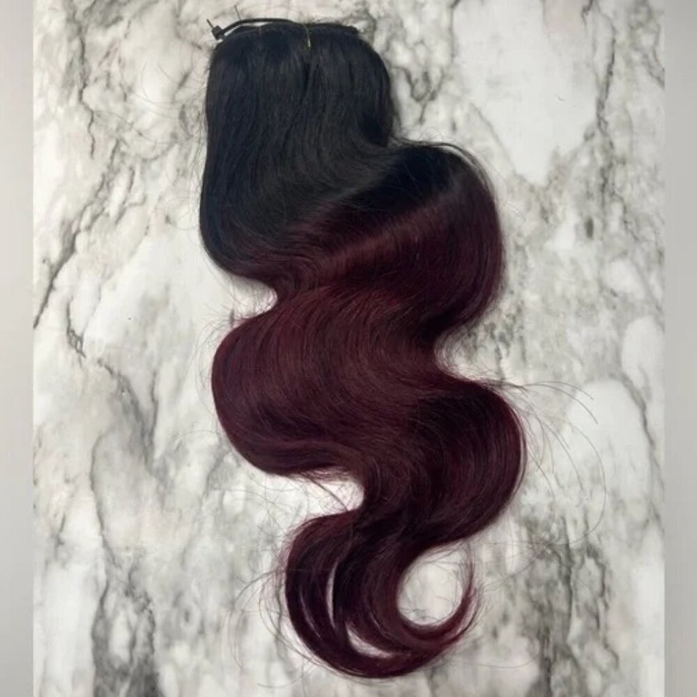 14 Inch Ombre Body Wave Black & Burgundy Clip in hair extensions.